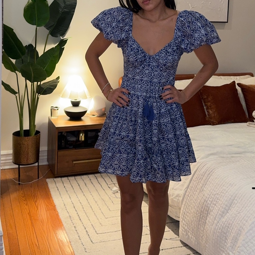 Zara Puff Sleeve Blue Patterned Dress